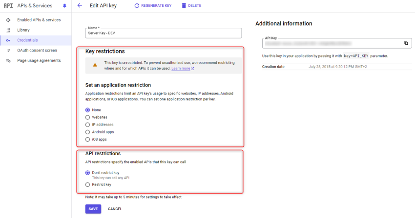 Google API-Manager 2024 Key credentials