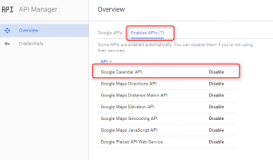 Google API Manager settings enabled APIs